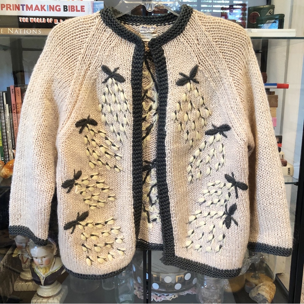 Vintage Hand Knited Cardigan Mohair Sweater Made in Italy Floral Emroidery S/M/L